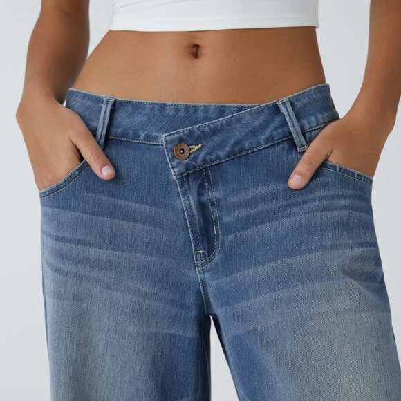 Halara Flex Asymmetric Low-Rise Wide Leg Jeans Blue Spruce | Stretch Denim | XL - Picture 2 of 3